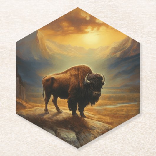 Buffalo Bison Sunset Silhouet Kartonnen Onderzetters (Voorkant)