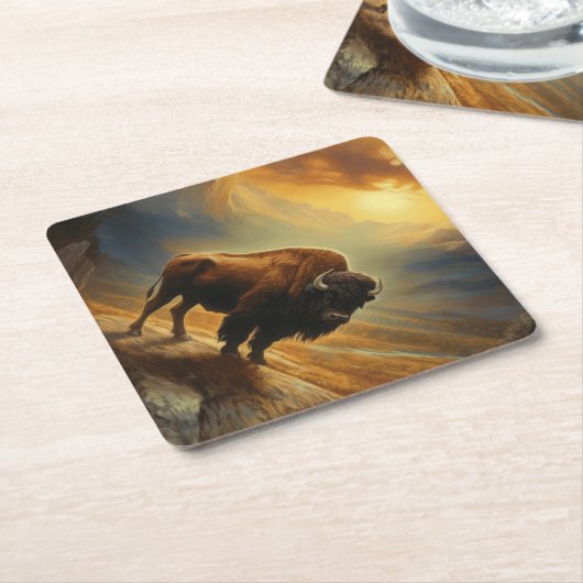 Buffalo Bison Sunset Silhouet Kartonnen Onderzetters (Schuin)