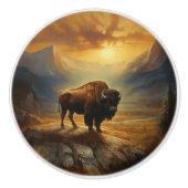 Buffalo Bison Sunset Silhouet Keramische Knop (Voorkant)