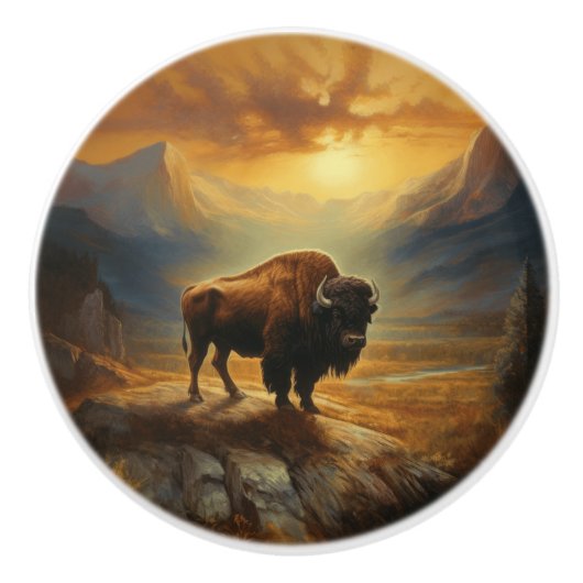 Buffalo Bison Sunset Silhouet Keramische Knop (Voorkant)