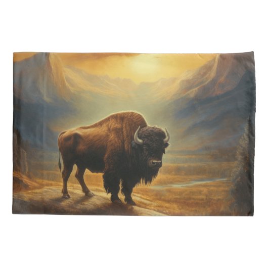 Buffalo Bison Sunset Silhouet Kussensloop (Achterkant)