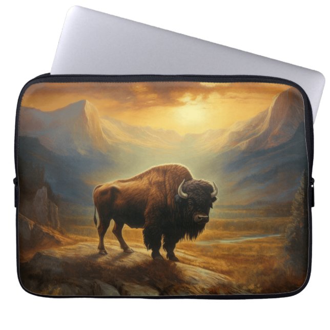 Buffalo Bison Sunset Silhouet Laptop Sleeve (Voorkant)