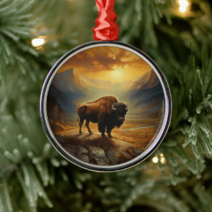 Buffalo Bison Sunset Silhouet Metalen Ornament