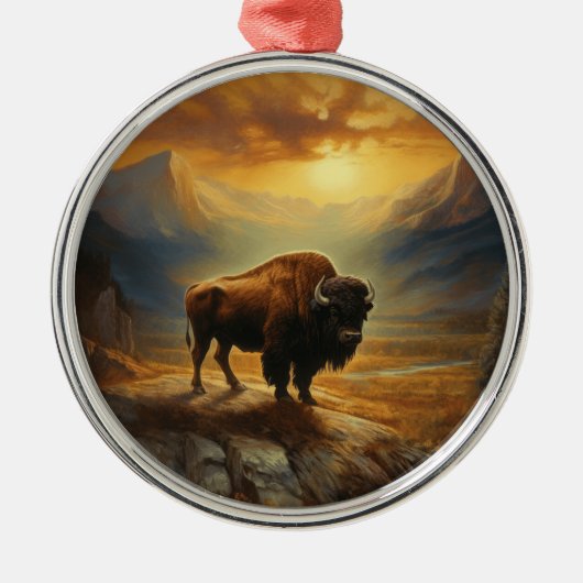 Buffalo Bison Sunset Silhouet Metalen Ornament (Voorkant)
