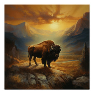 Buffalo Bison Sunset Silhouet Perfect Poster