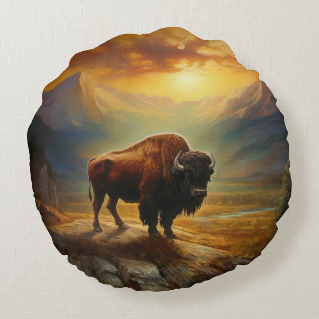 Buffalo Bison Sunset Silhouet Rond Kussen (Achterkant)