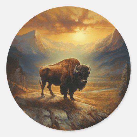 Buffalo Bison Sunset Silhouet Ronde Sticker (Voorkant)