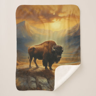 Buffalo Bison Sunset Silhouet Sherpa Deken
