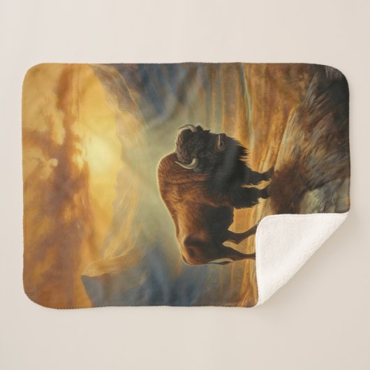 Buffalo Bison Sunset Silhouet Sherpa Deken (Voorkant (horizontaal))