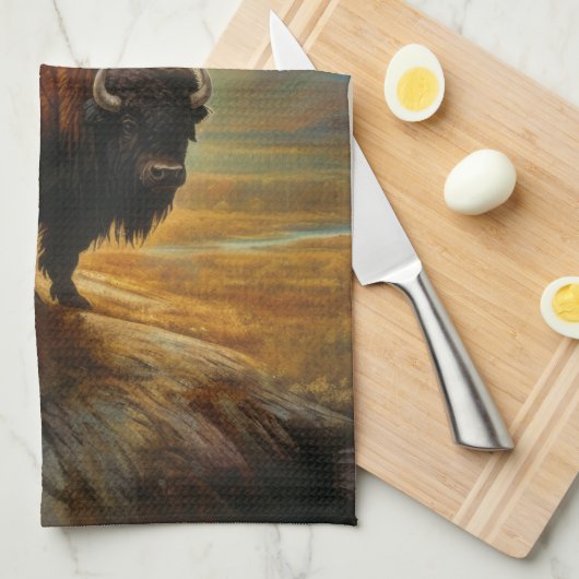 Buffalo Bison Sunset Silhouet Theedoek (Quarter Fold)