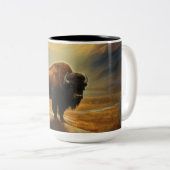 Buffalo Bison Sunset Silhouet Tweekleurige Koffiemok (Voorkant rechts)