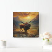 Buffalo Bison Sunset Silhouet Vierkante Klok (Huis)
