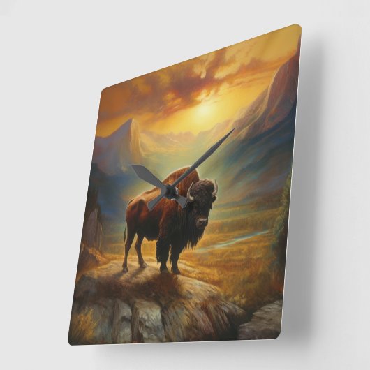 Buffalo Bison Sunset Silhouet Vierkante Klok (Hoek)