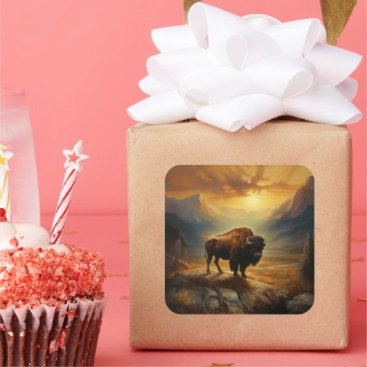 Buffalo Bison Sunset Silhouet Vierkante Sticker (Feest)