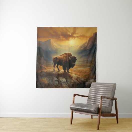 Buffalo Bison Sunset Silhouet Wandkleed (In situ)
