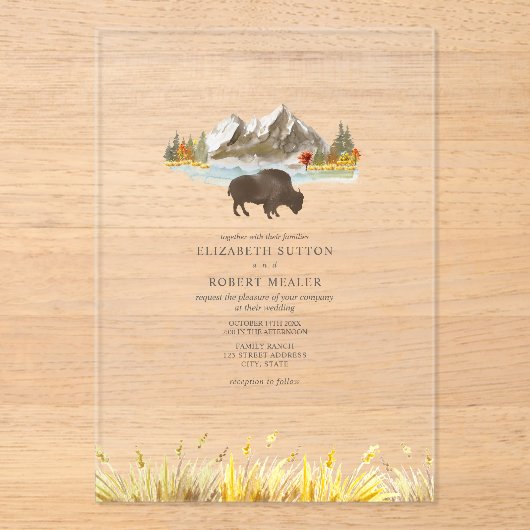 Buffalo Bison Waterverf Mountains Autumn Wedding Acryl Uitnodigingen (Voorkant)