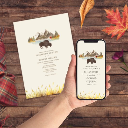 Buffalo Bison Waterverf Mountains Autumn Wedding Kaart
