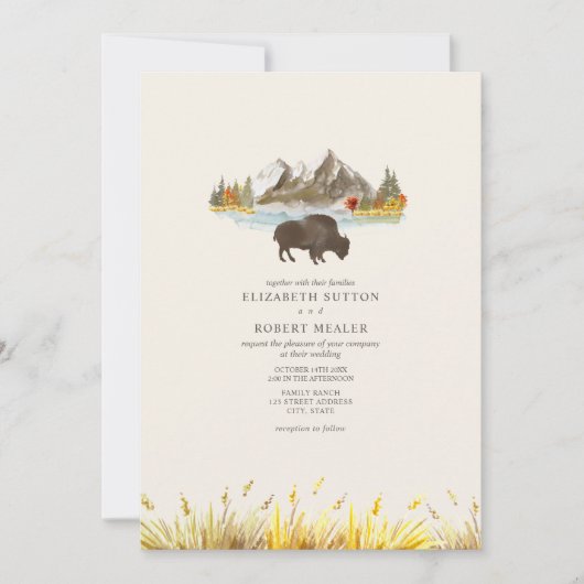 Buffalo Bison Waterverf Mountains Autumn Wedding Kaart (Voorkant)