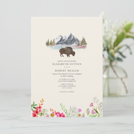 Buffalo Bison Waterverf Mountains Floral Wedding Kaart (Staand voorkant)
