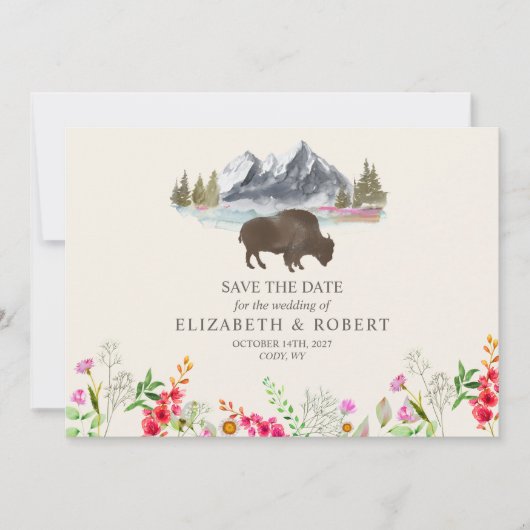 Buffalo Bison Waterverf Mountains Floral Wedding Save The Date (Voorkant)