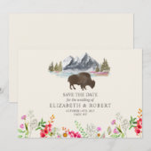 Buffalo Bison Waterverf Mountains Floral Wedding Save The Date (Voorkant / Achterkant)