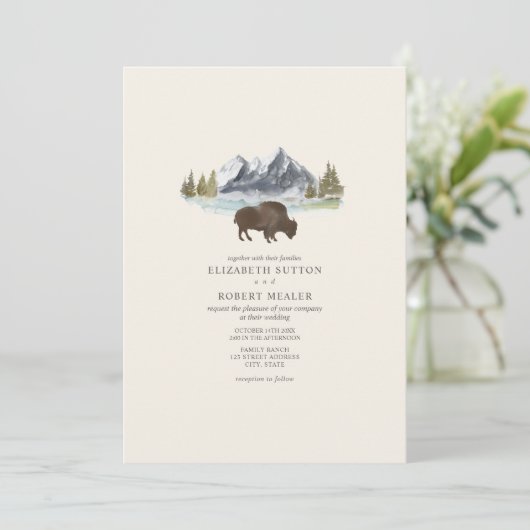 Buffalo Bison Waterverf Mountains Ranch Wedding I Kaart (Staand voorkant)