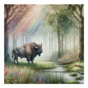 Buffalo Bison Whimsical Forest Landschapskunst Perfect Poster