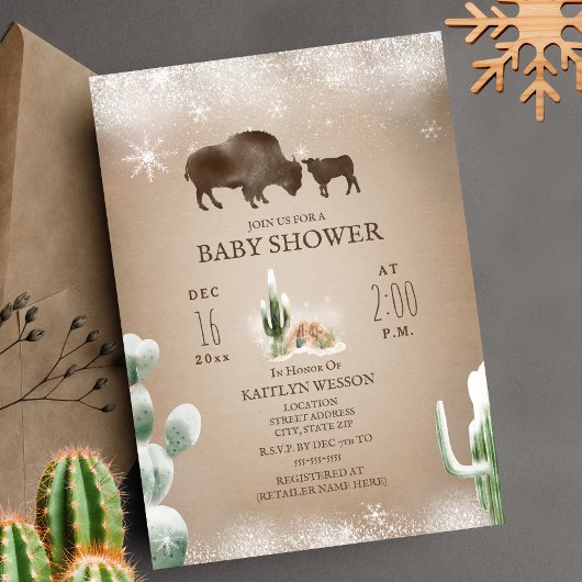 Buffalo Bison Winter Desert Cactus-Baby shower Kaart