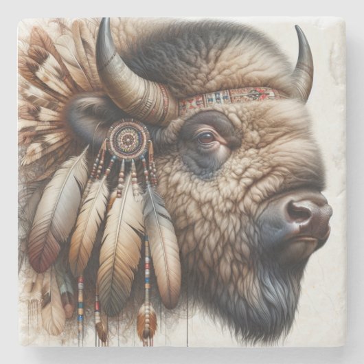 Buffalo Bizon Amerikaanse Indiase kunst Stenen Onderzetter (Voorkant)