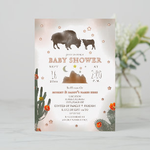 Buffalo Bizon Cactus Sterren Meisje Baby Shower Folie Uitnodiging