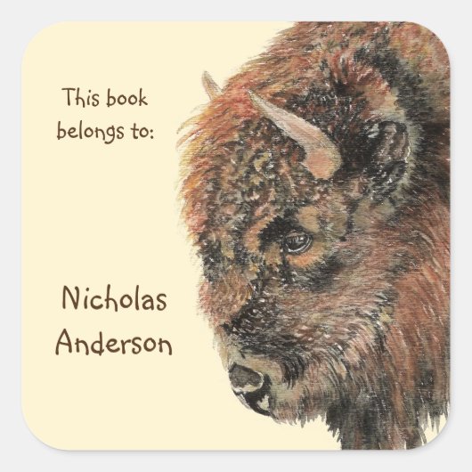Buffalo Bizon Dier Natuur kunst Custom Bookplate Vierkante Sticker (Voorkant)