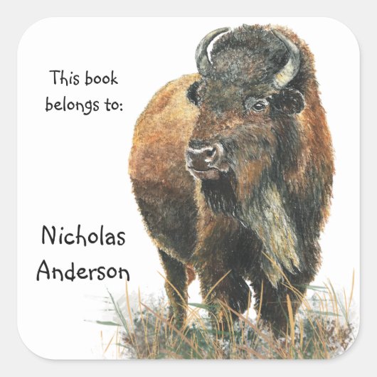Buffalo Bizon Dier Natuur kunst Custom Bookplate Vierkante Sticker (Voorkant)