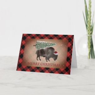 Buffalo Bizon Santa Sneeuw Prettig Kerstmis Geruit Feestdagen Kaart