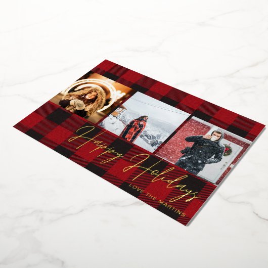 Buffalo Check 3 Foto Prettige feestdagen Folie Uitnodiging (Gedraaid)