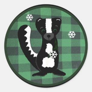 Buffalo Check Forest Skunk Holiday Round Sticker