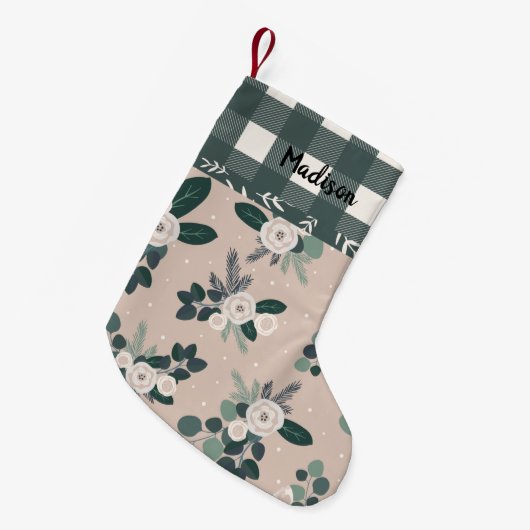 Buffalo Check Gingham Name Hunter Green Floral Kleine Kerstsok (Voorkant (Hangend))
