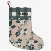Buffalo Check Gingham Name Hunter Green Floral Kleine Kerstsok (Voorkant)