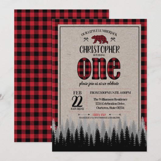 Buffalo Check Lumberjack Boy 1st Birthday Kaart (Voorkant / Achterkant)