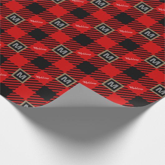 Buffalo Check Monogram & naam Zwart Rood Wit Cadeaupapier (Hoek)