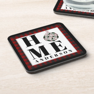 Buffalo check ornament "Home" gepersonaliseerd Bier Onderzetter