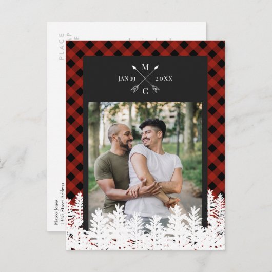 Buffalo Check Pijl Monogram Foto De datum opslaan Aankondigingskaart (Voorkant / Achterkant)