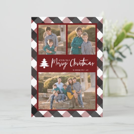 Buffalo Check Plaid 3 Foto's Kerst Feestdagenkaart (Staand voorkant)