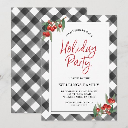 Buffalo Check Pset Black & White Holiday Party Kaart (Voorkant / Achterkant)