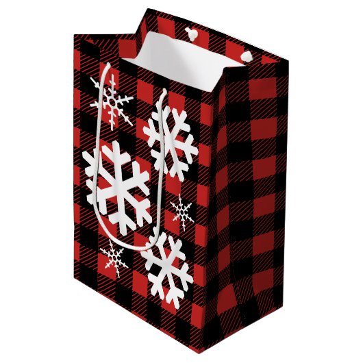 Buffalo Check Pset & White Snowflakes Medium Cadeauzakje (Voorkant Gekanteld)