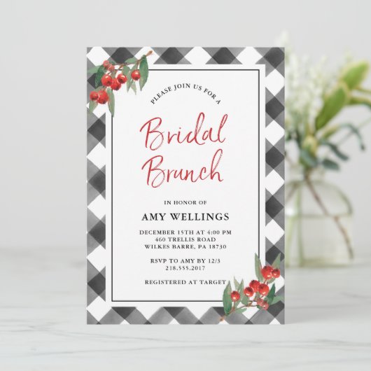 Buffalo Check Zwart & Wit Aangepaste Bruids Brunch Kaart (Staand voorkant)