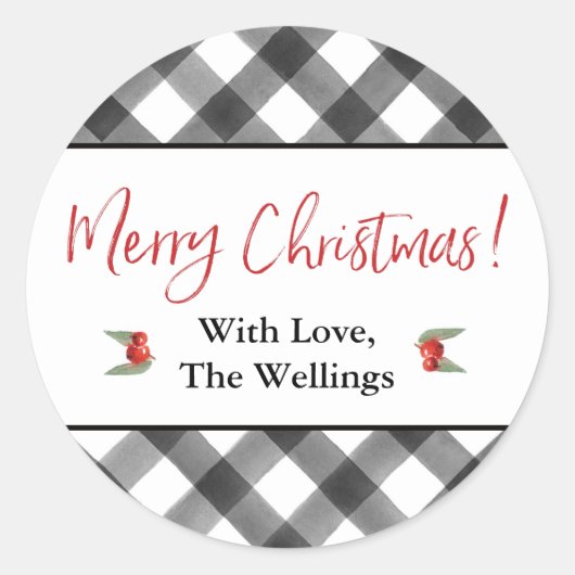 Buffalo Check Zwart & Wit Vrolijk Kerstfeest Custo Ronde Sticker (Voorkant)