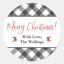 Buffalo Check Zwart & Wit Vrolijk Kerstfeest Custo Ronde Sticker