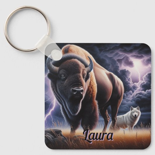 Buffalo en Wolf in een onweersbui met bliksem Sleutelhanger (Voorkant)
