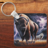 Buffalo en Wolf in een onweersbui met bliksem Sleutelhanger (Voorkant)