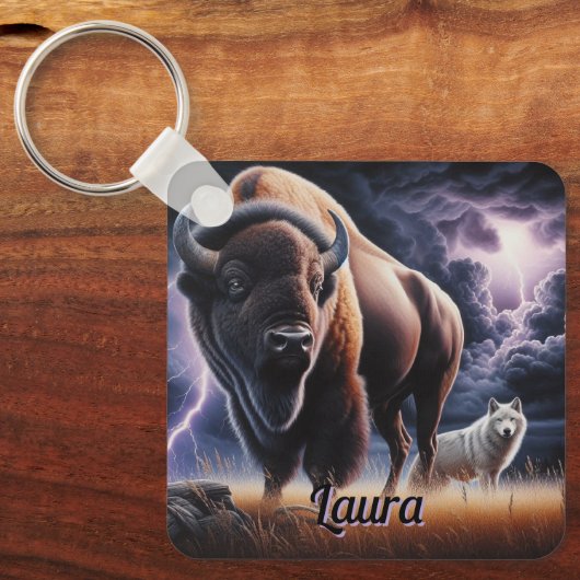 Buffalo en Wolf in een onweersbui met bliksem Sleutelhanger (Voorkant)